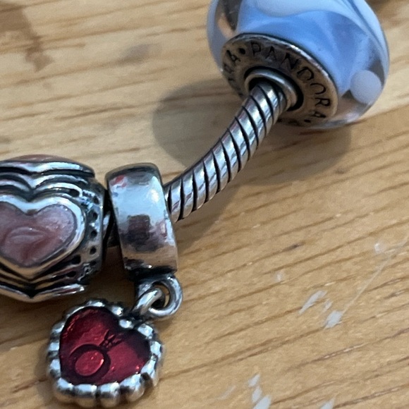 PANDORA VINTAGE SIGNED CHARM BRACELET, hinged beads, heart charm, MURANO glass - Picture 4 of 8